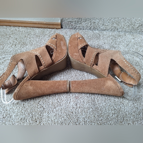 Steve Madden Ricki Boho Tan Suede Peep Toe Buckle High Heel Club Womens Size 9M - Picture 7 of 9